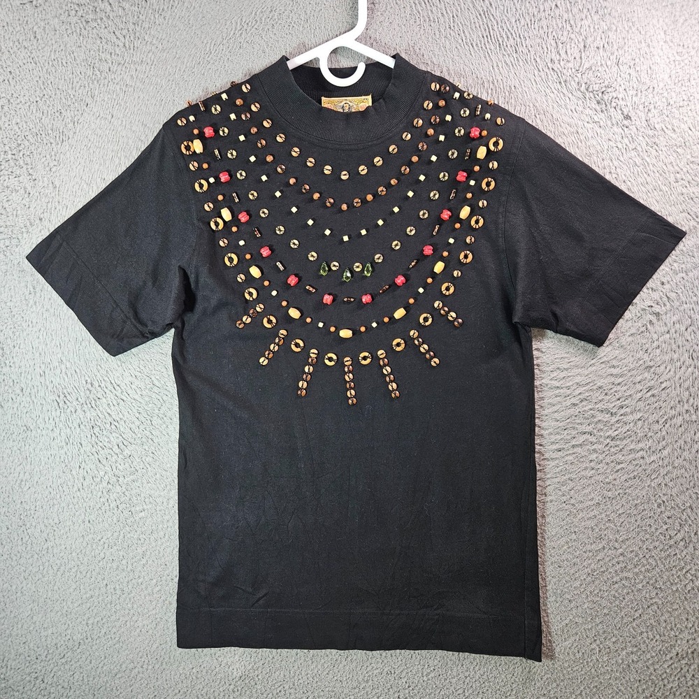 Vintage Bis Bis Tee Top Women‎ Size P Short Sleeve Bead Embellished Artsy Black
